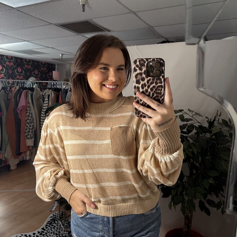 Free People Between The Lines Stripe Sweater In Birch Bark Combo In Brown